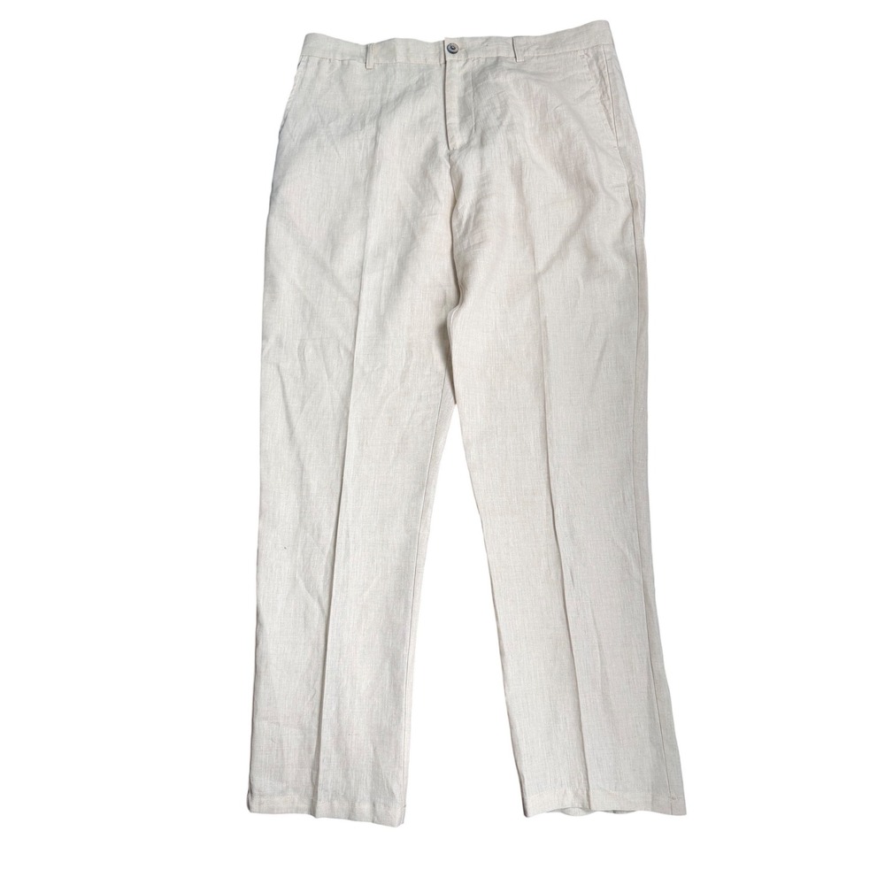 Tasso Elba Island Mens 100% Linen Flat Front Dress Pants 36x32 Beige Off White